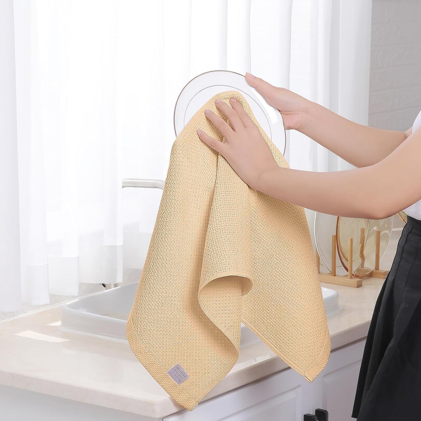 Homaxy 100% Cotton Waffle Weave Kitchen Dish Towels, Ultra Soft Absorbent Quick Drying Cleaning Towel, 13 x 28 Inches, 6-Pack, Apricot