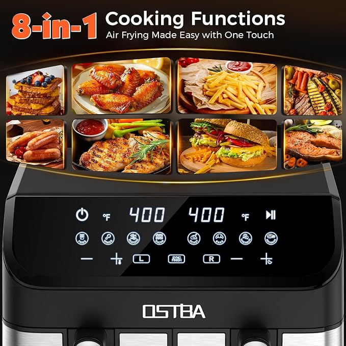 OSTBA 9.5QT Double Air Fryer, 1700W Dual Air Fryer with 2 Independent 4.25QT Stainless Steel Baskets, Digital Touchscreen, Sync Finish, 8 Presets, Auto Shutoff, Nonstick Dishwasher Safe