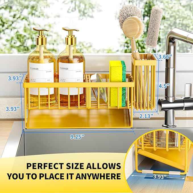 Cisily Yellow Sink Caddy Organzier with High Brush Holder, Sponge Holder for Sink, 304 Rustproof Stainless, Kitchen Countertop Soap Dispenser Organizer,Yellow Kitchen Decor and Accessories