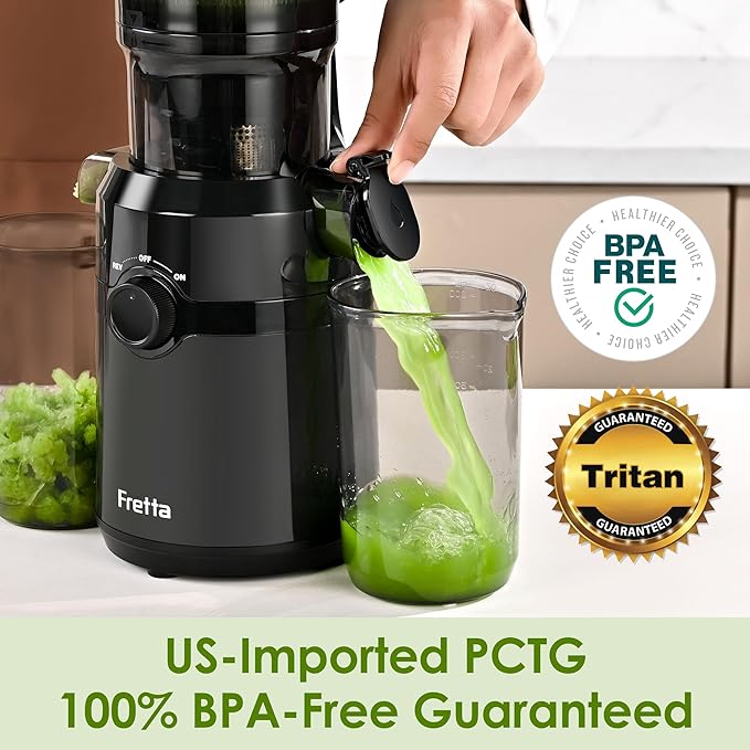 Juicer Machines,Fretta Cold Press Juicer Machines with American-Sourced PCTG Material,Fit Whole Fruits & Vegetables,Easy to Clean,Truly BPA-Free,Classic Black