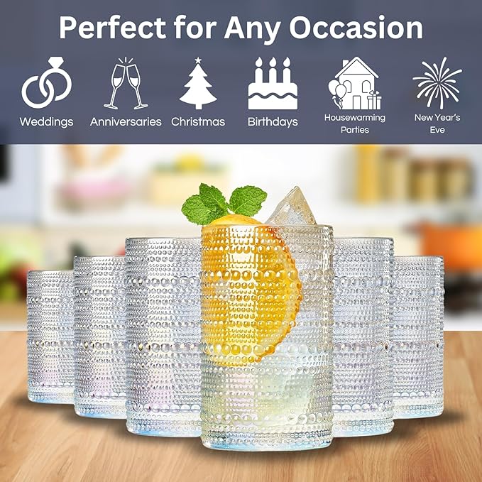 Hobnail Beaded Highball Drinking Tumbler Glasses | Set of 6 | Iridescent Pearl Vintage Bubble Design Glassware, Old-Fashioned, Embossed Design, Water, Wine, Cocktail Embossed Heavy Glass, Rocks Glass