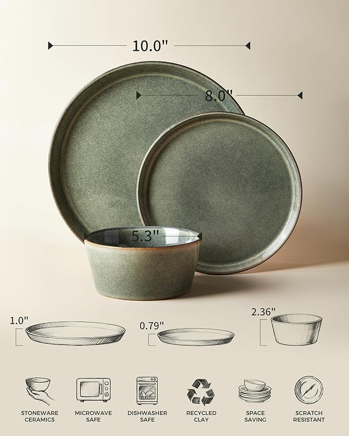 Pokini Dinnerware Sets, Microwave Safe Plates and Bowls Sets, Dishes Set for 8, Chip & Scratch Resistant Dinner Set, Handcrafted Farmhouse Dishware Sets, Green Wheat