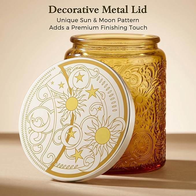 Art Secret 9-Pack 8oz Embossed Glass Candle Jars with Lids and Labels - Sun Moon Stars Design (Blue)