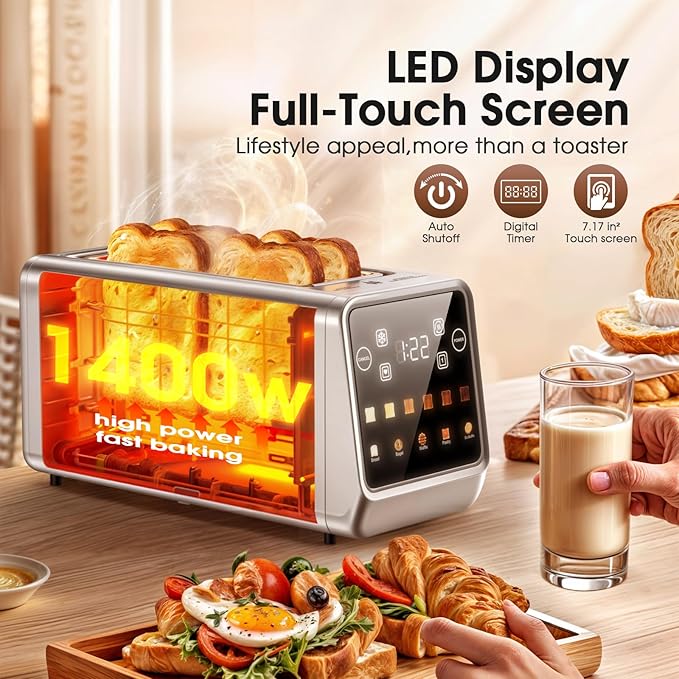Digital 4 Slice Toaster with LED Touchscreen Long Slot Stainless Steel Toaster for Family, Wide Slots for Thick Bread & Bagels, 6 Shade Settings, Defrost, Reheat, Memory & Single-Slice Modes
