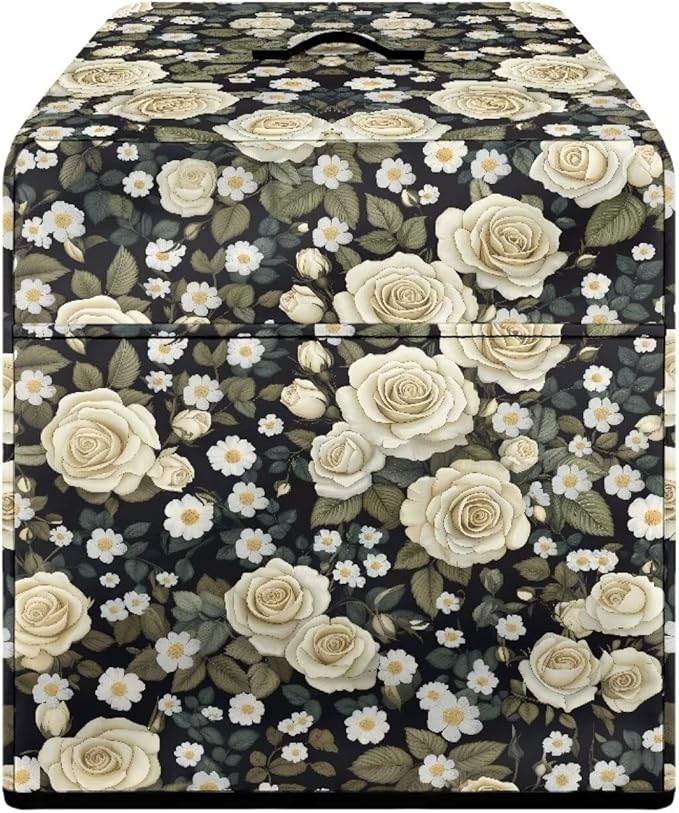 Vintage White Rose Print Meat Slicer Cover with Organizer Pocket, Dust-proof Slicer Machine for Home Food Slicer, Fit for Elite for Standard Meat Slicer, 16x13x13 Inch (Only Cover)