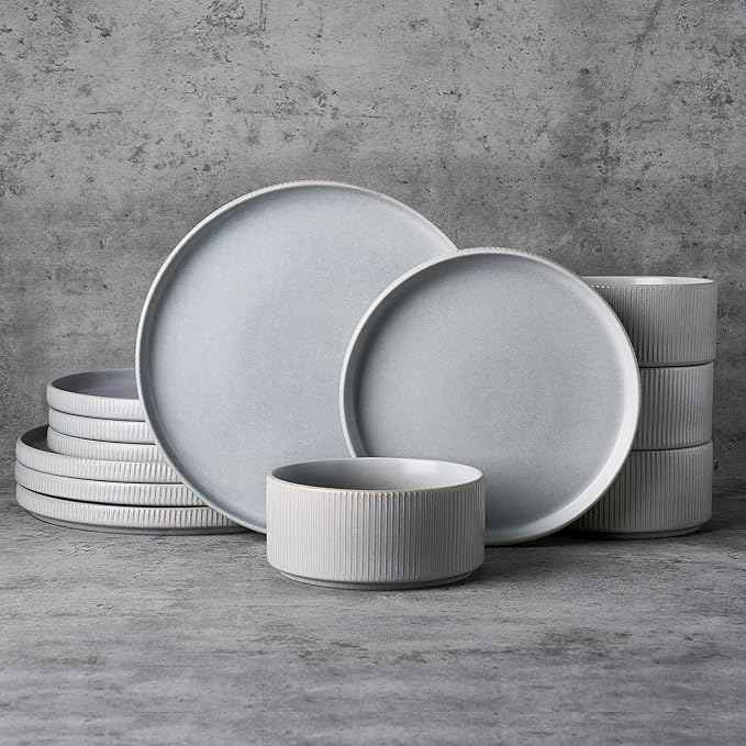 Famiware Star Dinnerware Set, Plates and Bowls Sets for 4 (12pcs), Ribbed Stoneware Dishes - Chip & Scratch Resistant, Microwave & Dishwasher Safe, Matte Gray