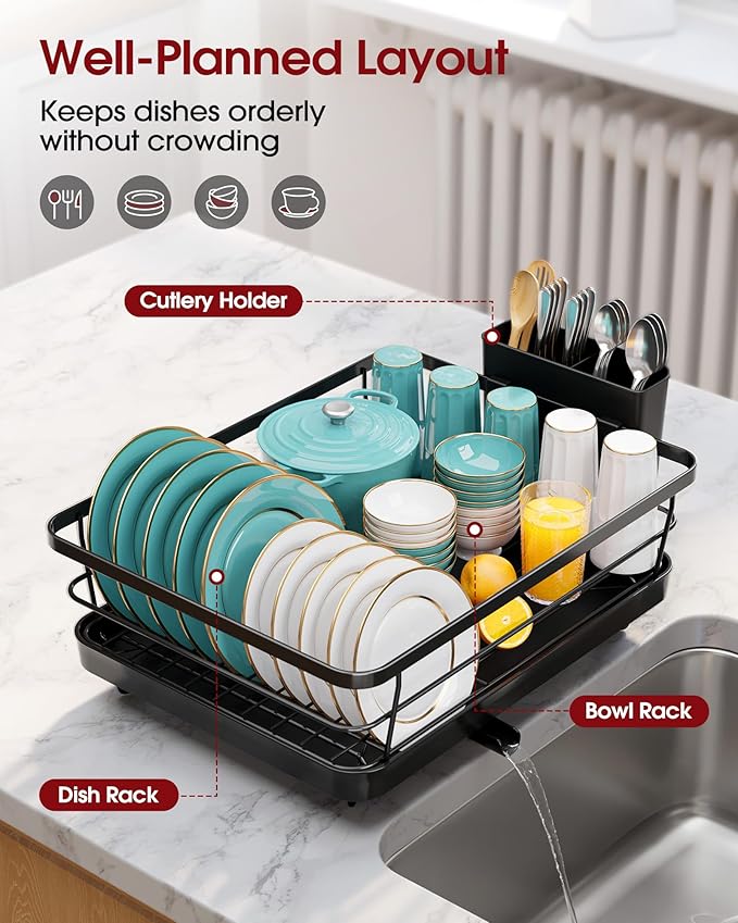 Sakugi Stainless Steel Dish Drying Rack for Kitchen Counter, Sink Organization and Storage Essentials with Silverware & Utensil Holder, Home and Apartment Decor, 12''W x 15.5''L, Black