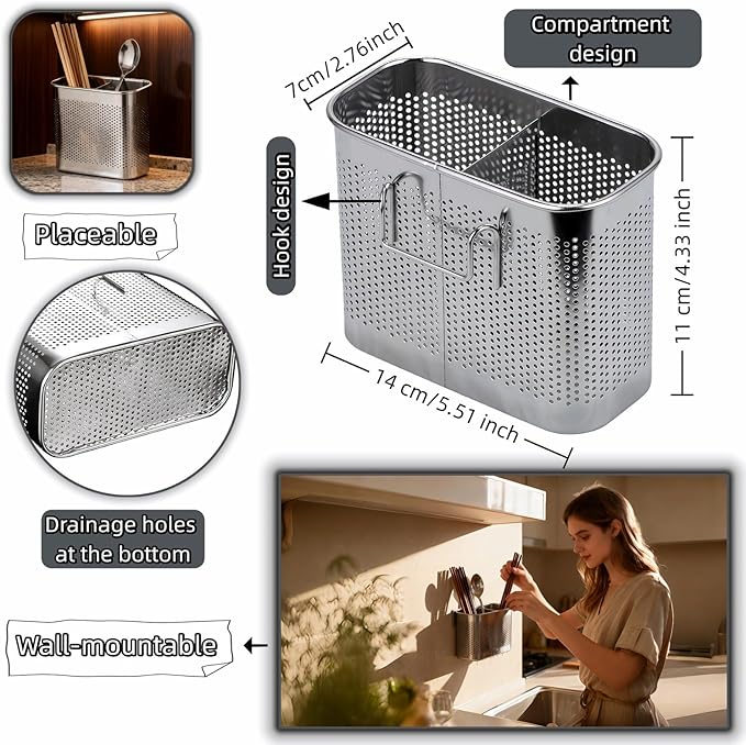 304 Stainless Steel Utensil Drainer, 2-Tier Silverware Drying Rack with Hooks, Anti-Rust Kitchen Sink Organizer & Cutlery Holder for Dishwasher, Countertop Space-Saving Storage, Brushed Finish