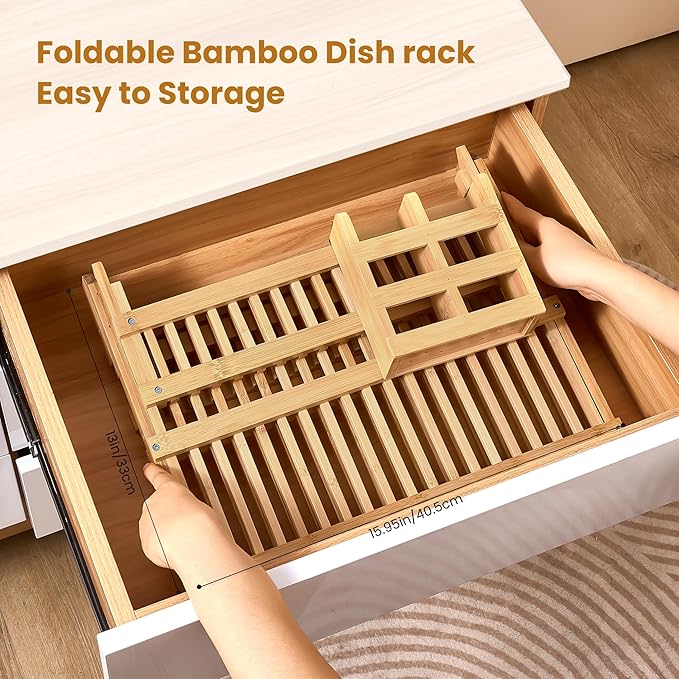 NOVAYEAH Bmaboo Dish Drying Rack for Kitchen Counter 3-Tier Collapsible Wooden Dish Drying Rack with Utensil Holder Dish Drainer Large Folding Dish Rack with Utensils Flatware Holder 51 pcs Grid