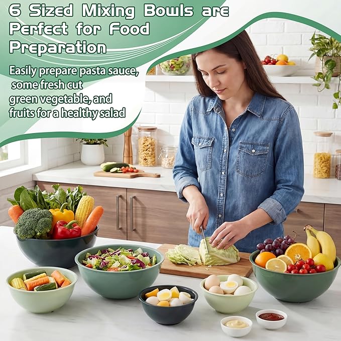 LemonRoad 6 Pcs Plastic Mixing Bowl Set with Lids Colorful Serving Bowl Nesting Storage Bowls for Kitchen, Baking, Prepping, Cooking and Serving Food, Dishwasher & Microwave Safe(Green)