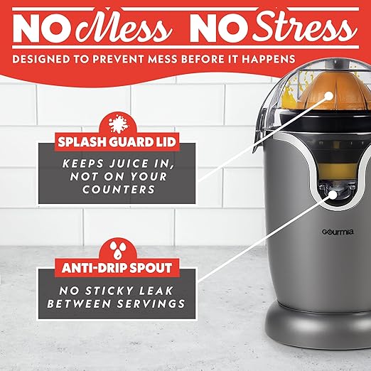 Gourmia Automatic Citrus Juicer - 17 oz Capacity, One-Touch Operation, Universal Cone, Anti-Drip Spout, Dishwasher-Safe Accessories, Compact Quiet 60W Motor