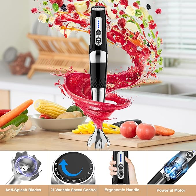 Toogel Cordless Immersion Blender, Electric Hand Blender with 21-Speed & 3-Angle Adjust, USB Rechargeable, BPA-Free & Dishwasher Safe for Baby Food, Smoothies, Soup (Black)