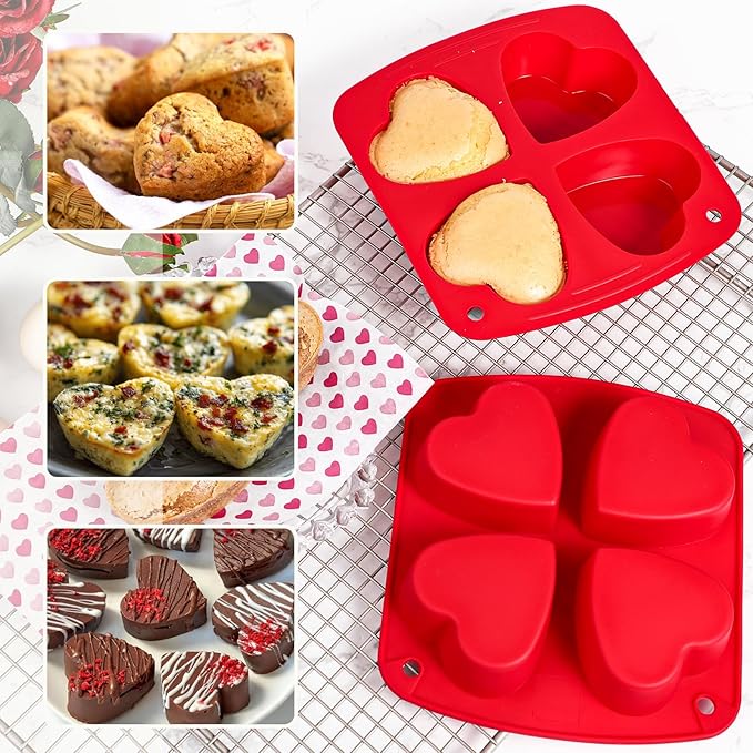 Webake Silicone Heart Mold 2.75" Heart Shaped Cake Pans, 4-Cavity Air Fryer Baking Pan Muffin Cupcake Mold for Baking, Soap, Egg Bites 2 Pack