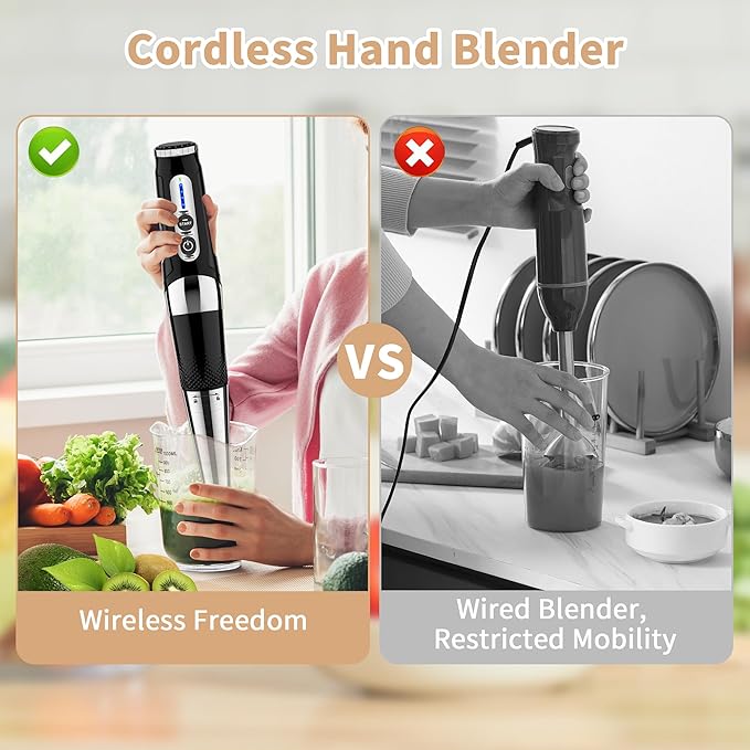 Toogel Cordless Immersion Blender, Electric Hand Blender with 21-Speed & 3-Angle Adjust, USB Rechargeable, BPA-Free & Dishwasher Safe for Baby Food, Smoothies, Soup (Black)