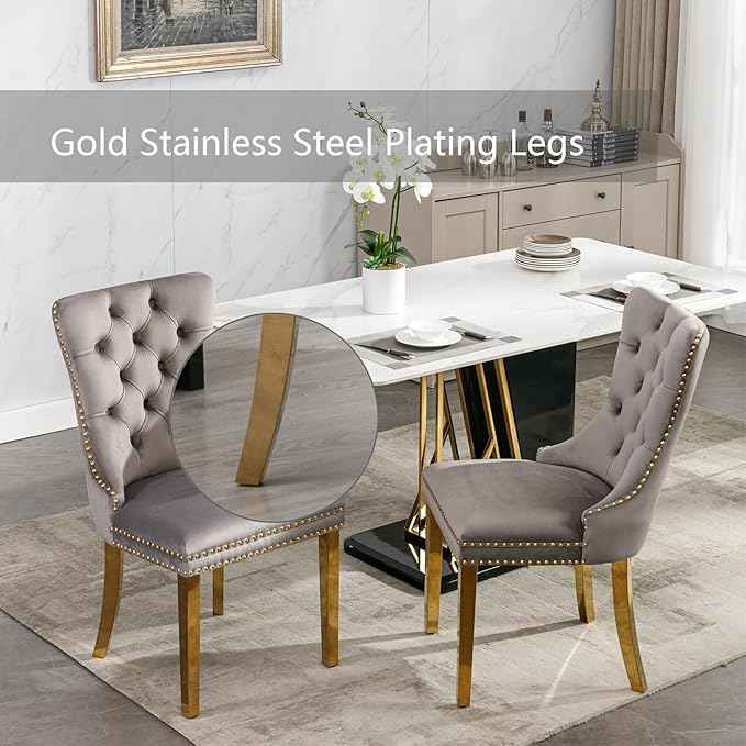 Grey Velvet Dining Chairs Set of 2, Upholstered Dining Room Chairs with Back Ring Pull Trim and Golden Stainless Steel Legs,Modern Kitchen Chairs for Dining Room,Living Room,Kitchen(Grey)