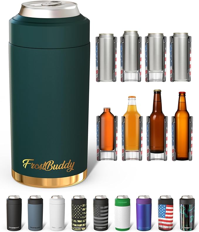 Frost Buddy Universal Buddy Can Cooler - Fits All - For Regular 12 & 16 oz or Slim-Size Bottles - Insulated Double-Walled Stainless Steel (Emerald Elegance)