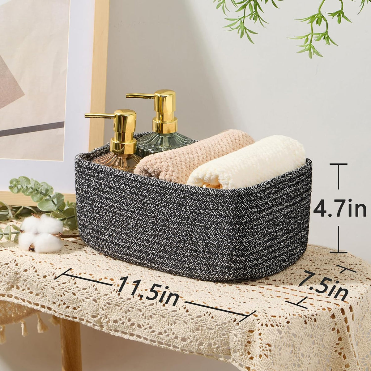 Small Storage Baskets for Organizing | Closet Organizer Bins | Shelf Toy Basket | Woven Rope Baskets | Cube Decorative Box | Shallow Basket | 11.5x7.5x4.7” | 3 Packs Dark Gray