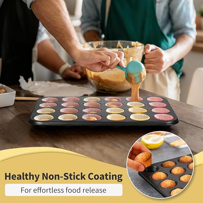 TeamFar Mini Muffin Pan, 24-Cup Non-Stick Carbon Steel Cupcake Tray Tin for Baking, Small Cup Cake Bakeware for Bite-Sized Cheesecake Tart Quiches, Even Baking & Effortless Release & Easy Clean