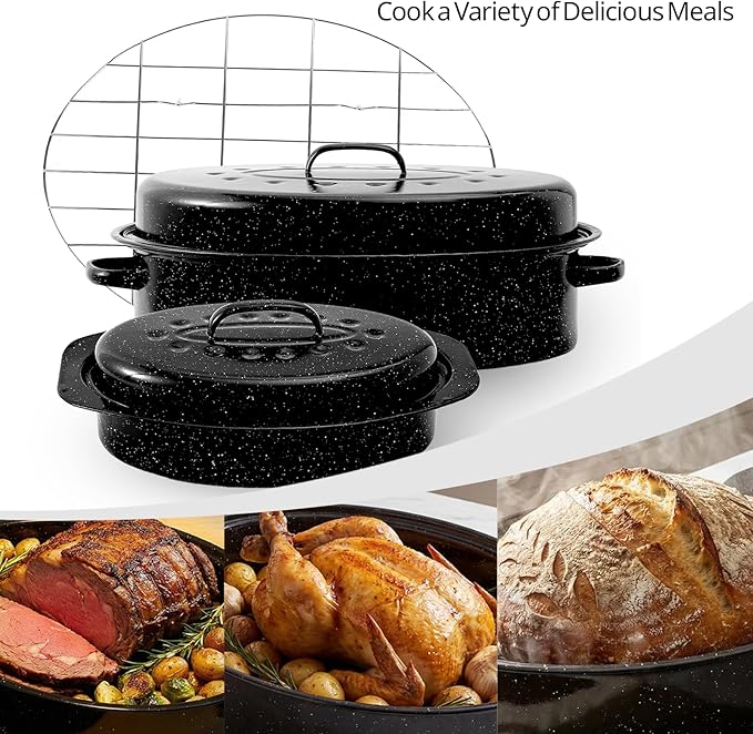 Enamel Roasting Pan With Lid and Rack 13" 18"Granite Roaster Pans Set With Rack Suitable Cooking Poultry Baking Turkey Bread Beef High Temperature Resistance,Dishwasher Safe,Holiday Gifts CookWare
