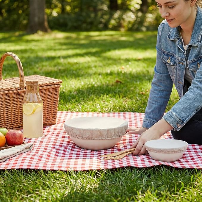 100% Pure Linen Bowl Covers For Bread Proofing, 2 Pcs 8 Inches Elastic Reusable Solid Color Cloth Fabric Bowl Covers,Small Organic Washable Large Stretch Sourdough Lids, Linen