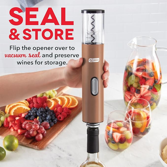 Dash Serve & Preserve Wine Set – Rechargeable Electric Wine Preservation System – Wine Bottle Opener, Vacuum Sealer, 2 Reusable Caps + Charging Base – Rose Gold