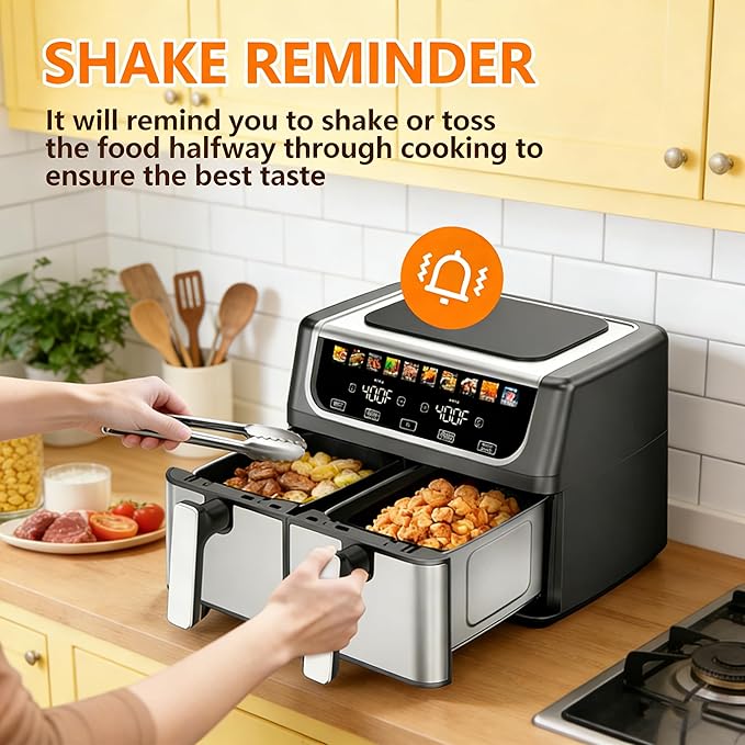 HealSmart 9.5Qt Dual Basket Air Fryer, 10-in-1 Smart Air Fryer with 1700W, Independent Temperature Control, Sync Cook & Shake Reminder, Nonstick Air Fryer Oven for Family Meals, Black