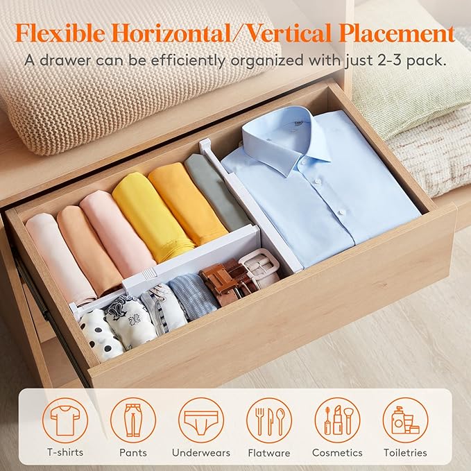 Lifewit 8 Pack 4" High Drawer Dividers 28-43.5cm/11-17" Adjustable Drawer Organizer for Clothes/Utensils, Expandable Drawer Separator in Dresser/Kitchen/Bedroom/Office Organization & Storage White