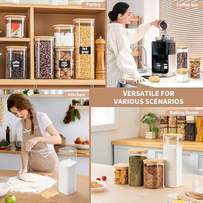 SENTVEND 73 Oz Glass Storage Jars with Bamboo Lids - 3 Pack Clear Glass Canisters Square Airtight Stackable Ideal for Pantry Storage Containers Great for Storing Oats Coffee Beans Pasta Flour Rice etc