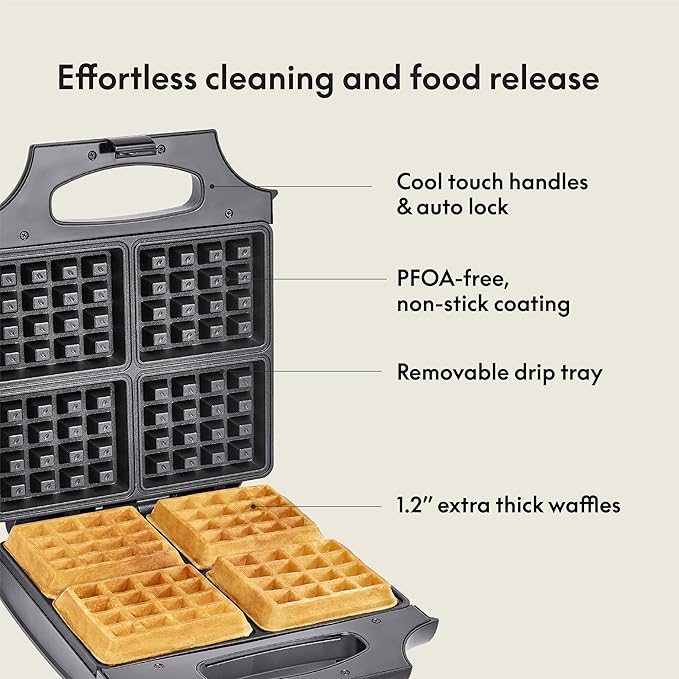 bella Waffle Iron - 4 Square Belgian Waffle Maker, Non-stick Extra Large Plates for Easy Cleanup - Compact Design, Stainless Steel, Black, 1400W