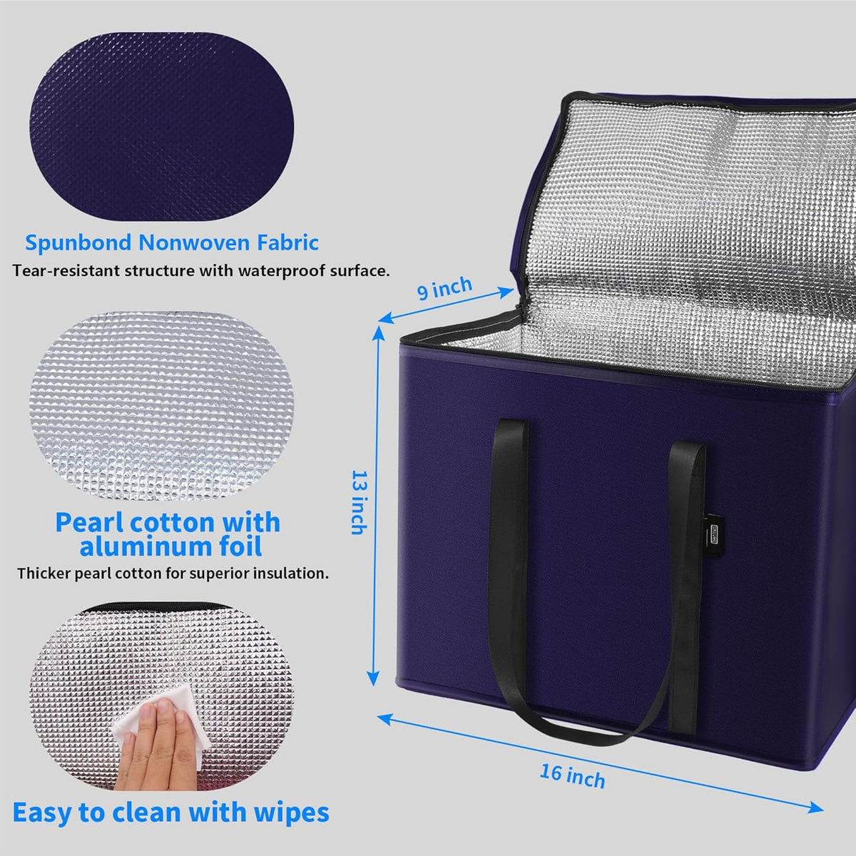 2-Pack Reusable Insulated Grocery Bags with Zippered Top, Heavy Duty Cooler Bags for Frozen Foods, Waterproof and Foldable Bag for Cold Storage & Travel– Dark Purple