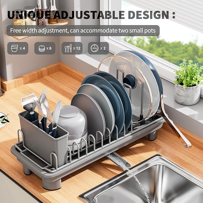 SanDream Small Dish Drying Rack with Removable Utensil Holder & Anti-Scratch Base - Stainless Steel Dish Rack, Dish Drying Rack with Drainage & Space Saving Design for Kitchen Counter, Gray