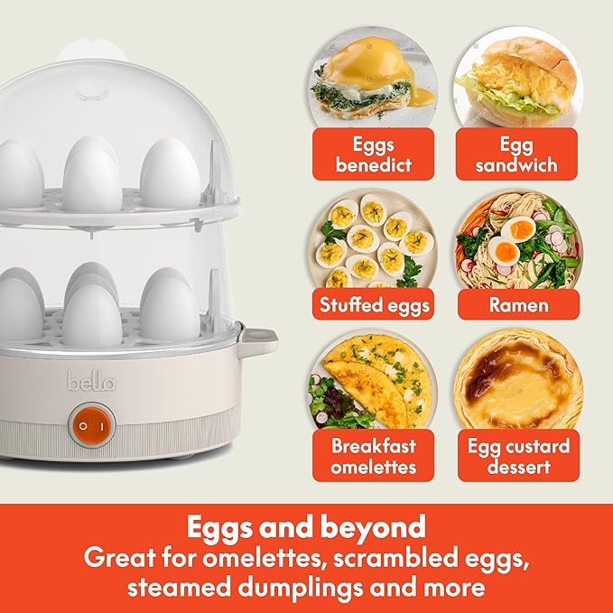 bella Electric Egg Cooker, 14 Eggs Capacity Tray, Double Stack, for Poached, Scrambled, Hard, Medium & Soft Boiled Eggs, Omelets and Steamed Dumplings, Auto Shutoff, 360 Watt, Oatmilk