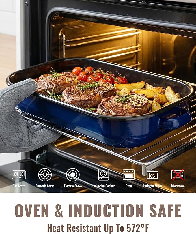 Roasting Pan for Oven with Rack 6-Piece Enamel Deep Lasagna Baking Dish 14&17 Inch, 572°F High Temp Resistance Dishwasher Safe Non-Stick Easy-To-Clean, Large Turkey Ham Roaster Mothers Day Gift