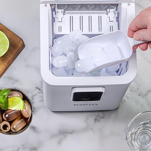 Igloo Portable Ice Maker with Scoop & Basket -Ice Maker with LED Control Panel & 1 Quart Water Tank- Ice Cube Maker Produces 26 Lbs Of Ice In 24 Hours with 8 Large or Small Cubes In 7-8 Minutes- White