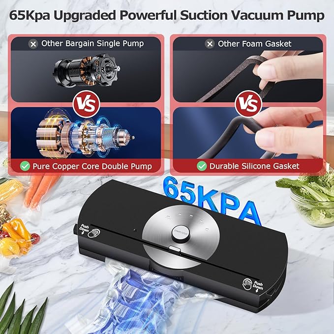Vacuum Sealer Machine for Food, 65KPA Powerful Compact Vacuum Air Food Sealer with Built-In Cutter & Starter Kit, One-Touch Operation, Moist/Dry/Pulse/Canister All Food Modes LED Indicator