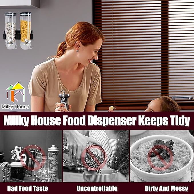 2 Pack Cereal Dispensers, Wall Mounted Food Dispenser Large Capacity Candy Dispenser, Double Dry Food Dispensers Wall Mount, Grain Dispenser for Kitchen Storage Oatmeal Snack Coffee Beans Candy, Black
