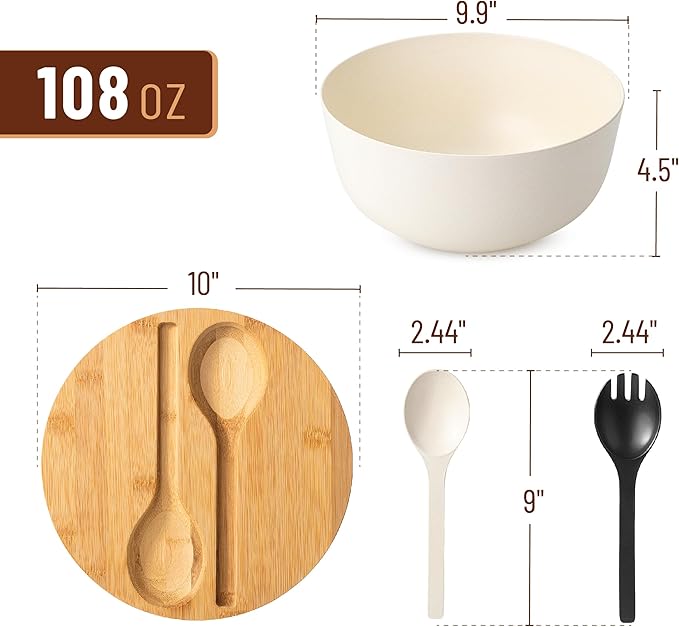BAMBOO LAND- Large Salad Bowl with Wooden Lid, 10 Inch/108 Oz, White, Bamboo Fiber Salad Bowl with Serving Utensils, Wide Applications