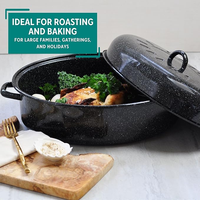 MIRRO 15in Enamel Oval Roaster with Lid, Black