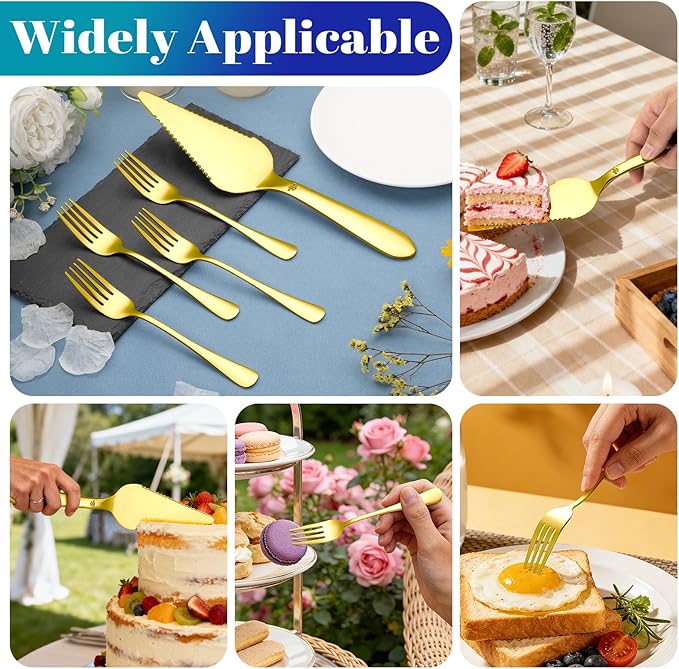 Eisinly 1 Pcs Cake Pie Server and 4 Forks Set for Wedding, Elegant Pizza Slicer Server Set with Stainless Steel Big Serrated Edges, Cake Cutter Pie Spatula for Birthday Anniversary, Gold