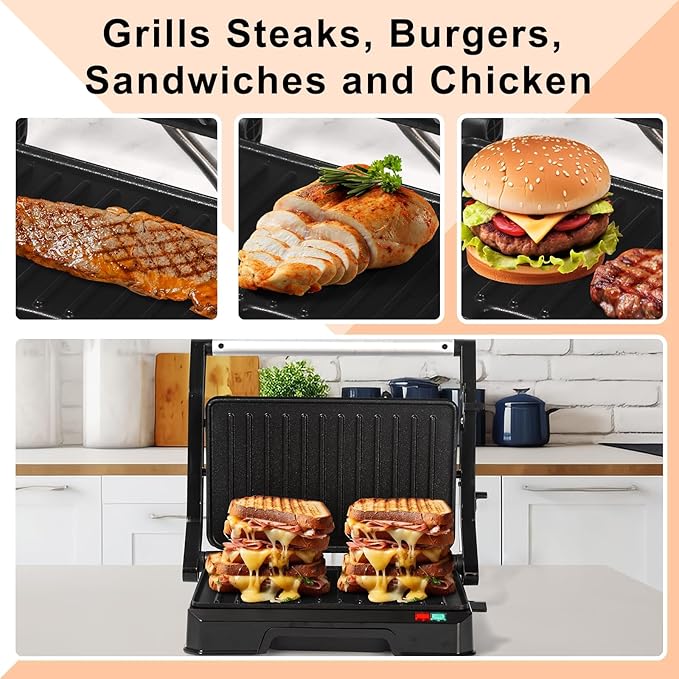 UVFAST Small Panini Press Grill Sandwich Maker, Electric 3 in 1 Panini Sandwich Maker Grill, Open 180 Degrees for grill indoor, Perfect for Grilling Steaks, Burger, Sandwich, Non-stick Pan, Black