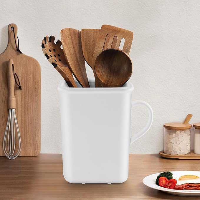 2026 Upgraded Vintage Kitchen Utensil Holder - Ceramic Utensil Crock Large Capacity Anti-tip, Modern Countertop Organizer for Farmhouse/Rustic/Contemporary Kitchen Decor(Matte White)