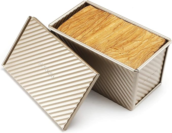 monfish Pullman Loaf Pan w Cover Bread Toast Mold corrugated loaf Pan w lid 1lb dough Alluminumed Steel Non Stick Gold (8.5X4.75X4.375INCH)