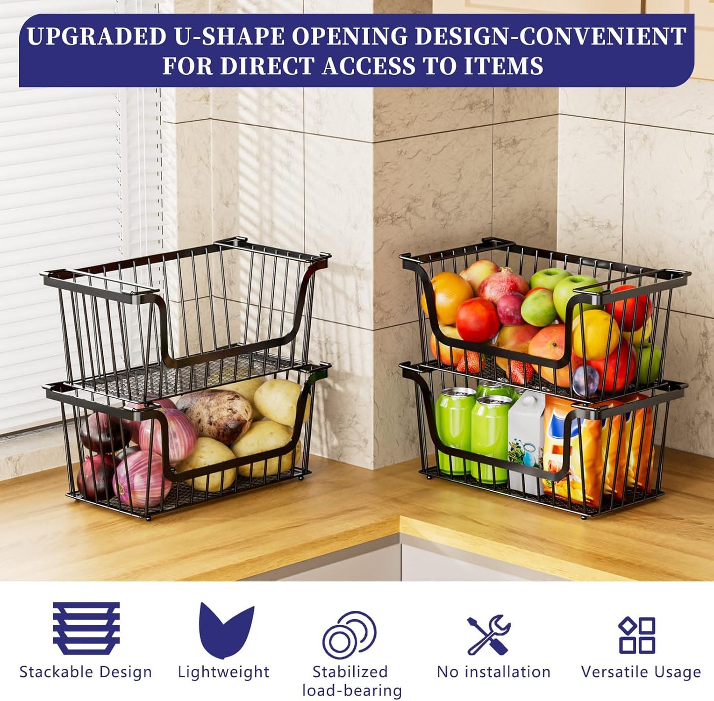 Enhanced Leak-Proof Bottom Stackable Wire Baskets, 6 Pack Pantry Organizers and Storage, pantry storage，Shelf Baskets, Fruit Basket, Potato and Onion Storage Bins，(Black)
