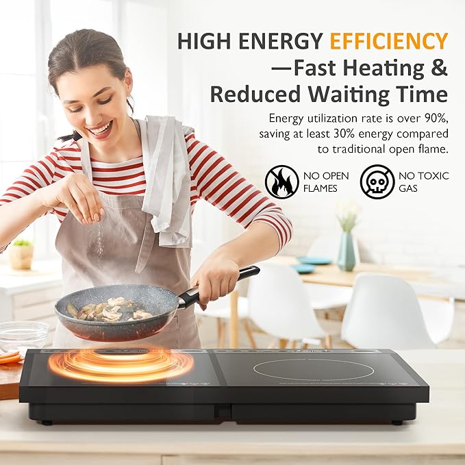 Sunvivi Portable Induction Cooktop: 2 Burners in 1, Commercial-Grade Electric Countertop Stove with LED Touchscreen, 8 Power Levels & Precise Temp Control (176°F-518°F), Independent Timer, Black