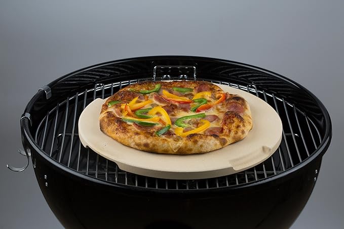 Pizza Stone 12.6in Round Baking & Grilling Stone, Perfect for Oven, BBQ and Grill. Innovative Double - faced Built - in 4 Handles Design