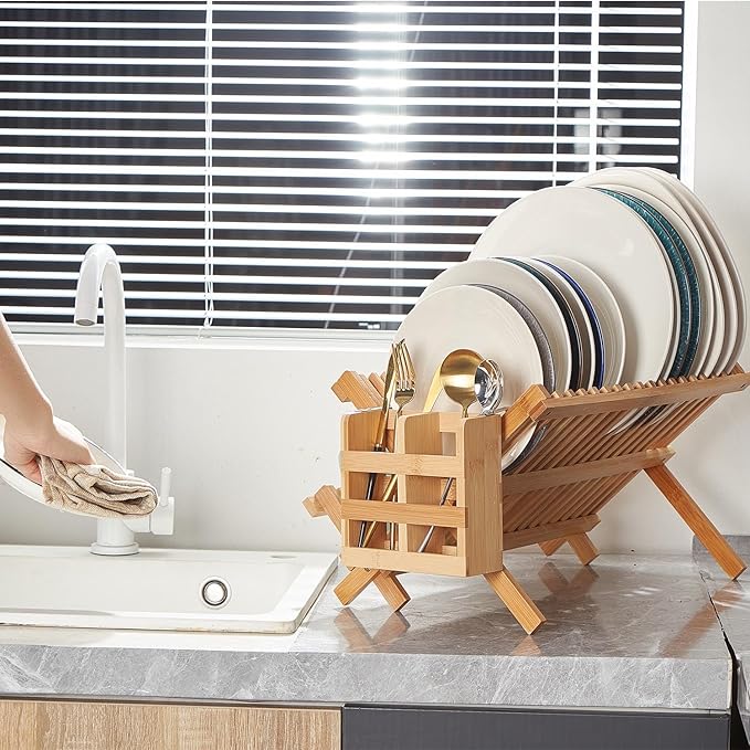 NOVAYEAH Bamboo Dish Drying Rack-2 Tier, Collapsible Small Dish Rack with Utensil Holder, Wooden Drying Rack for Kitchen Counter, Apartment Essentials Kitchen Plate Holder Organization 34 pcs Grid