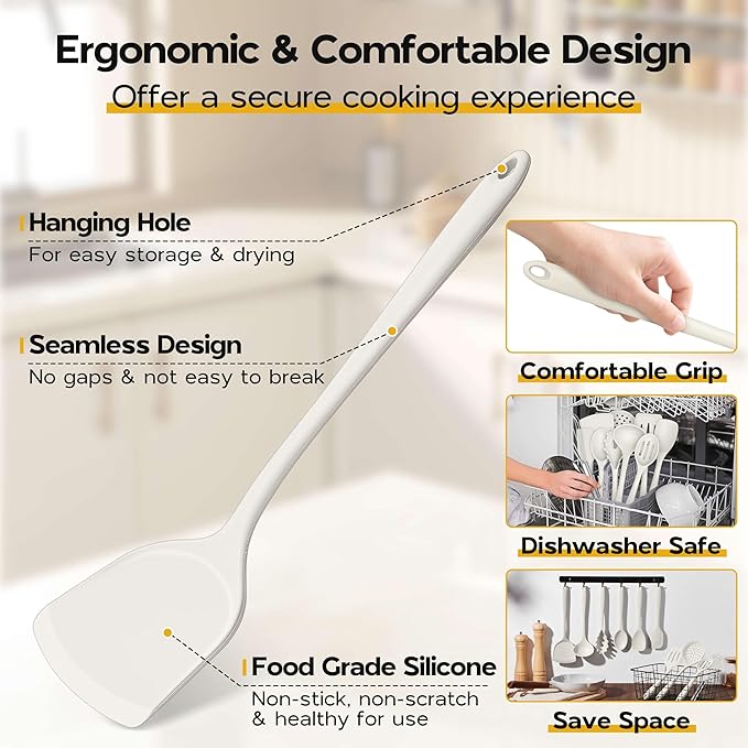 Onader Kitchen Cooking Utensils Set of 10, Silicone Utensils Set for Cooking, Includes Non Toxic Turner Spoon Spatula Whisk Pasta Server - White
