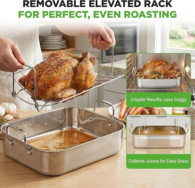 NutriChef Premium Stainless Steel Roasting Pan with Rack – Heavy‑Duty 14″ Turkey Roasting Pan for Turkey, Chicken & Meats (Wide Handles, Dishwasher Safe)