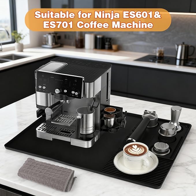 4-in-1 Silicone Coffee Maker Mat for Ninja Luxe ES601 ES701 23"x15" Coffee Bar Mat Top Mat Espresso Tamping Mat Microfiber Cloths Anti-Slip Heat-Resistant Waterproof