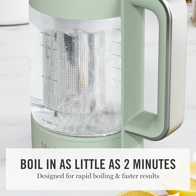 Martha Stewart Electric Kettle with Removable Stainless Steel Tea Infuser, Glass Carafe 1.7L (7 Cups), Hot Water Boiler, 4 Presets, Keep Warm & Auto Shut-Off, Cordless 360° Swivel Base, Honeydew Green